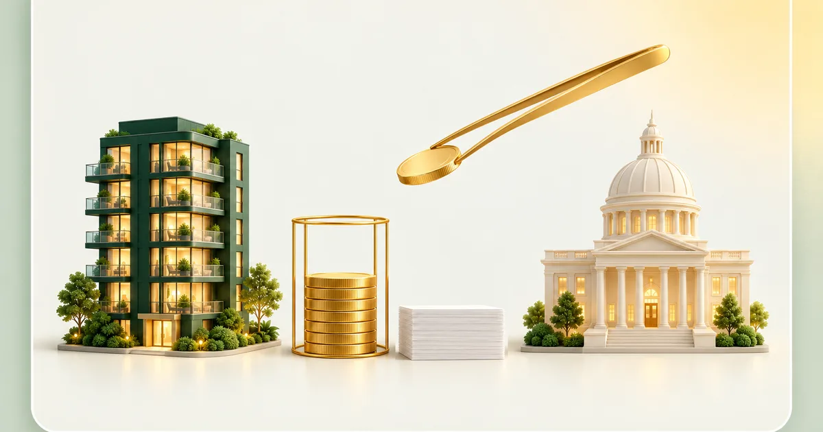 A dark green condo tower, a short stack of gold coins inside a taller gold wire outline of its old height, a low pile of white receipts as tall as the missing part, and gold tongs carrying 1 coin towards a white domed government building.