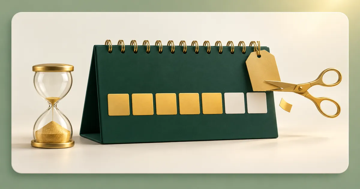 A desk calendar with 7 squares: 5 gold, the last 2 still empty. Gold scissors snip a price tag shorter, and a gold hourglass beside it has almost run out.