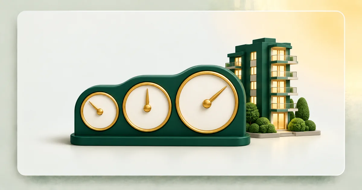 A dark green dashboard with 3 round gold-rimmed gauges, small, medium and large, each needle at a different angle, in front of a small dark green condo tower with lit windows.