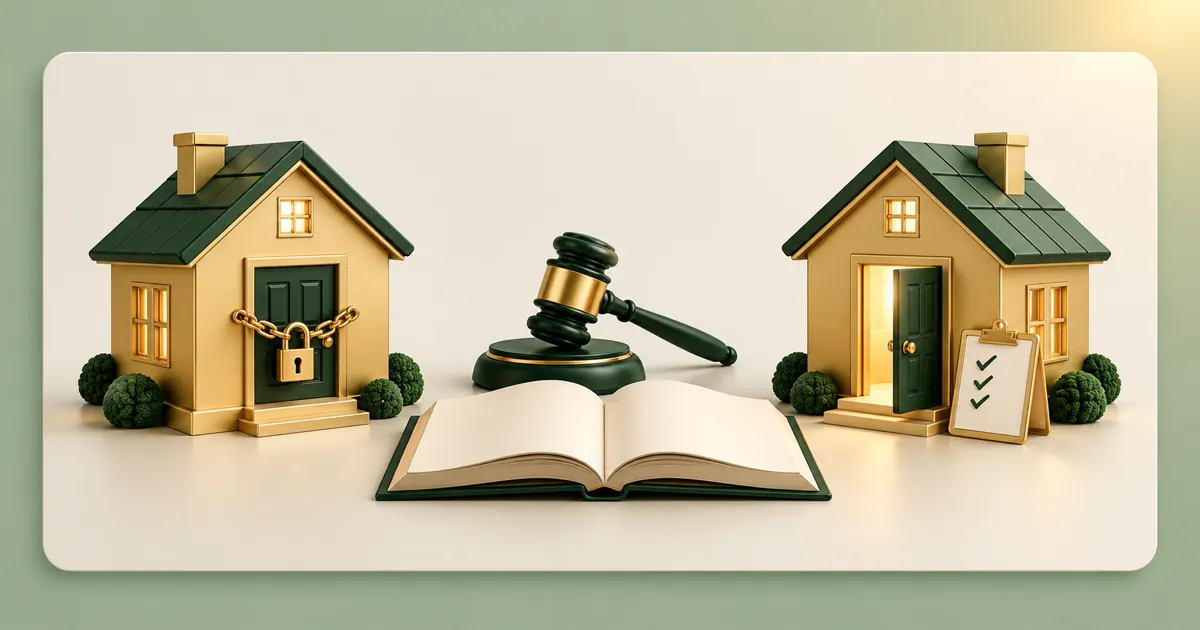 A judge gavel and an open rule book between two small houses. The left house door is padlocked shut; the right house door is open, with a ticked checklist beside it.