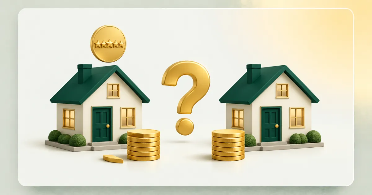 Two houses side by side. A gold 5-star badge floats over the left one, and a thin slice is cut off its coin stack; the right one keeps a whole stack. A gold question mark floats between them.