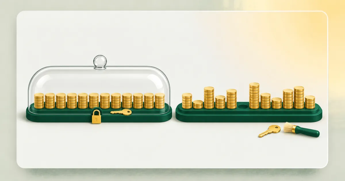 Two dark green trays. Left: 12 equal stacks of gold coins under a glass dome locked with a padlock, the house key locked inside. Right: coin stacks of different heights and one empty spot, uncovered, with a house key and a cleaning brush beside it.