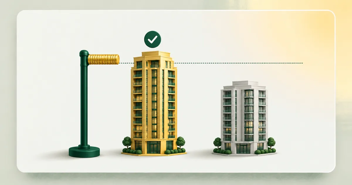 A height-check sign whose top arm is a stack of gold coins. A tall gold condo tower reaches the line and gets a green tick; a shorter grey tower stays well below it.