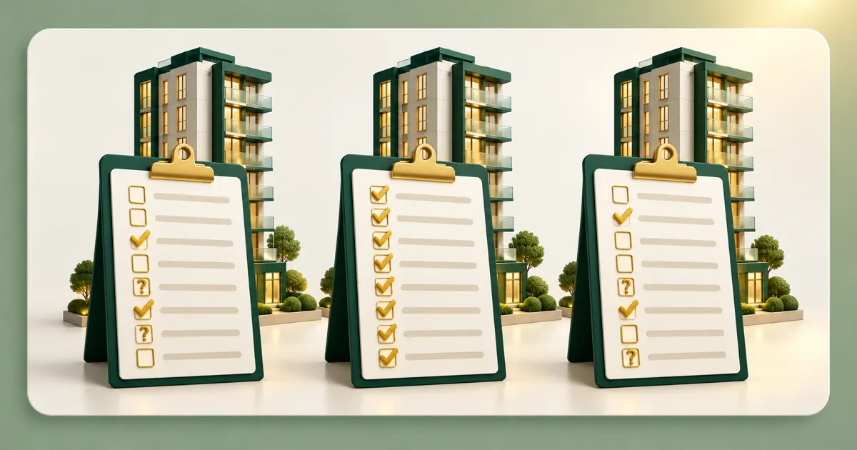 Three clipboards stand side by side, each in front of a small green condo tower. All 3 hold the same checklist of 8 rows. The middle one has a gold tick on every row; the other two have empty boxes and question marks.