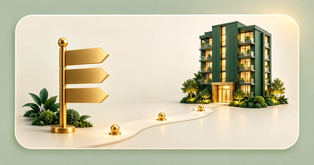 A gold signpost with 3 arrows pointing along a winding cream path. 3 small gold balls mark stages along the path, which ends at the door of a dark green condo tower.