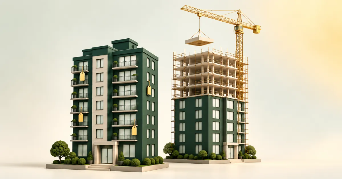 2 dark green condo towers. The finished one on the left has a few small gold price tags hanging from its windows. The one on the right is still being built, its top floors in gold scaffolding, with a gold crane lifting a concrete slab.