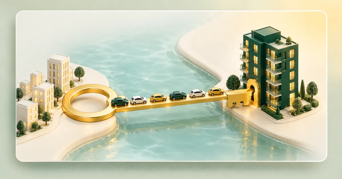 Seen from above, a giant gold key lies across a strait like the Causeway: its ring on the city shore, its shaft packed with cars, its teeth in the door of a condo on the far shore.
