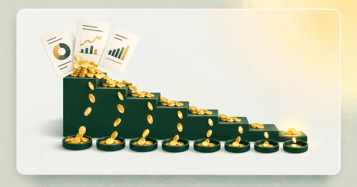 Three different statements pour gold coins down a staircase of 8 steps. At each step some coins drop into a dish below, and the small pile left on the bottom step glows.