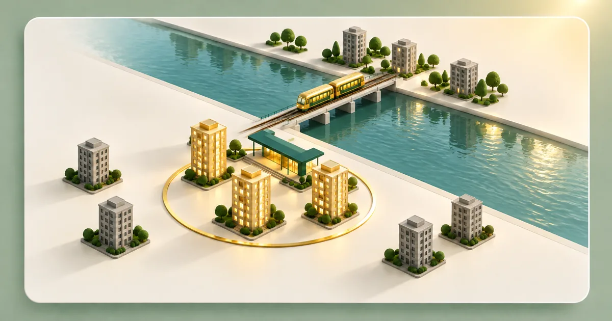 Seen from above, a short gold train crosses a strait on a low bridge to a small green station. A thin gold ring on the ground circles the station: 3 condo towers inside it glow gold, 4 grey towers stand outside it.