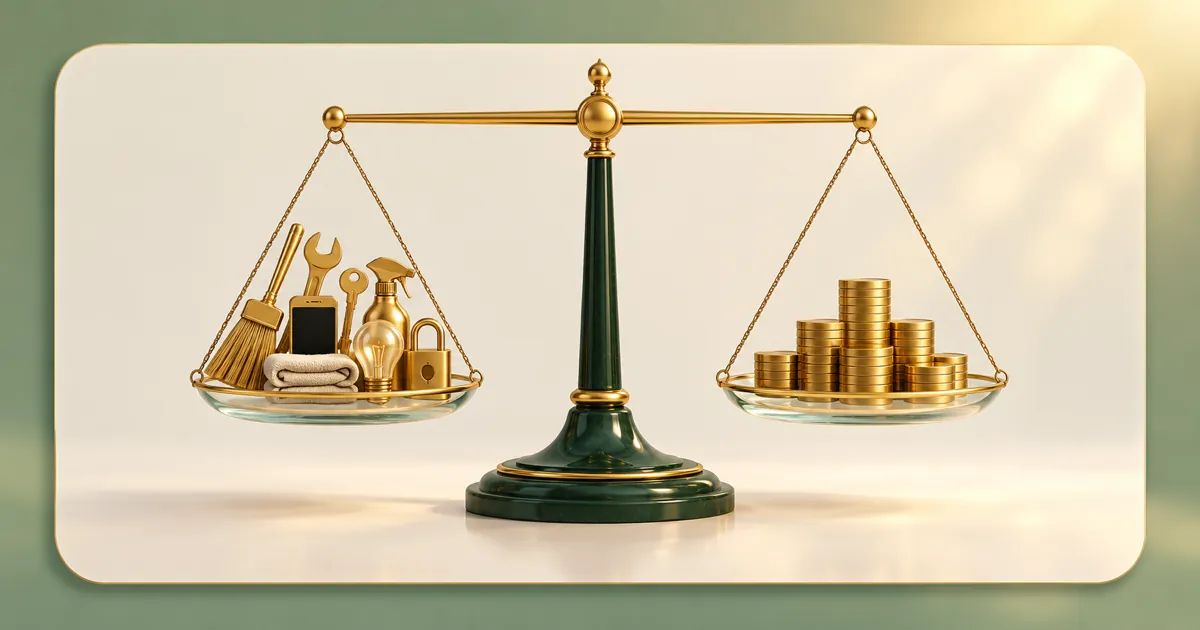 A level balance scale: one pan holds 8 small gold tools, from a broom and a wrench to a key and a phone; the other holds a stack of gold coins.