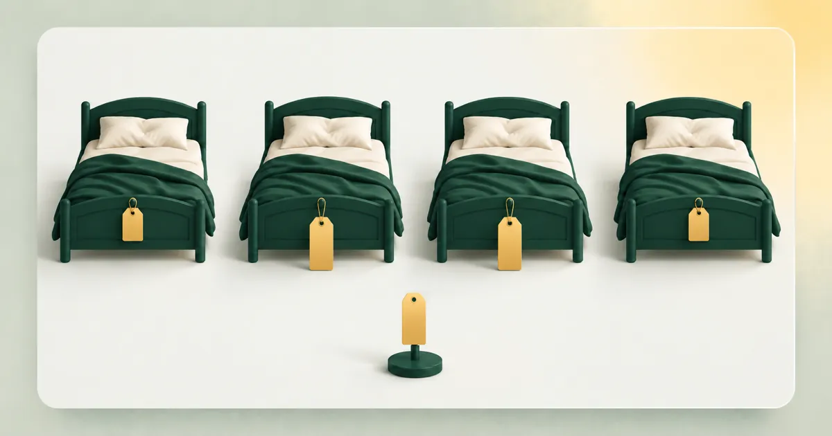 4 beds that have been slept in, each with a gold price tag on its footboard: short, long, long, short. In front, one tag on a stand is exactly halfway between the short and the long tags.