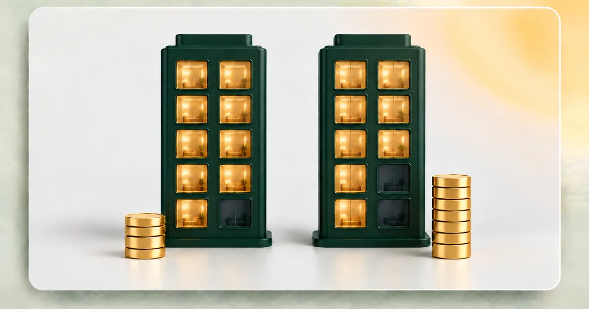 2 identical dark green condo towers, each with 10 windows. The left one has 9 windows lit gold and a short stack of 4 gold coins beside it. The right one has 8 lit and a taller stack of 7 coins.