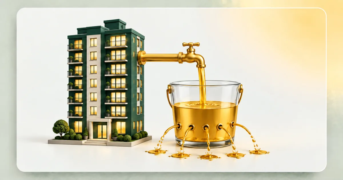 A dark green condo tower with a gold tap on its side. Liquid gold pours from the tap into a glass bucket, but a row of holes near the bottom leaks thin gold streams onto the floor, so the bucket is only a little over half full.
