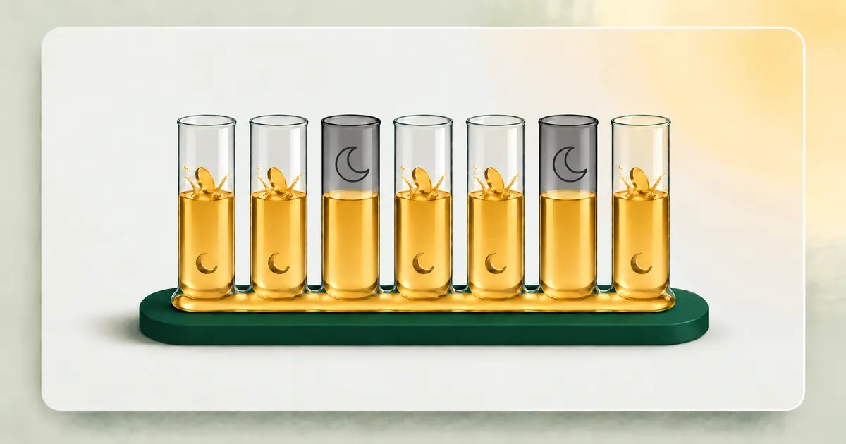 7 glass tubes joined at the bottom stand on a dark green base, each a night with a moon. Gold coins drop into 5 clear tubes. The 2 dark tubes with a grey moon get no coin, yet gold fills all 7 to the same level.
