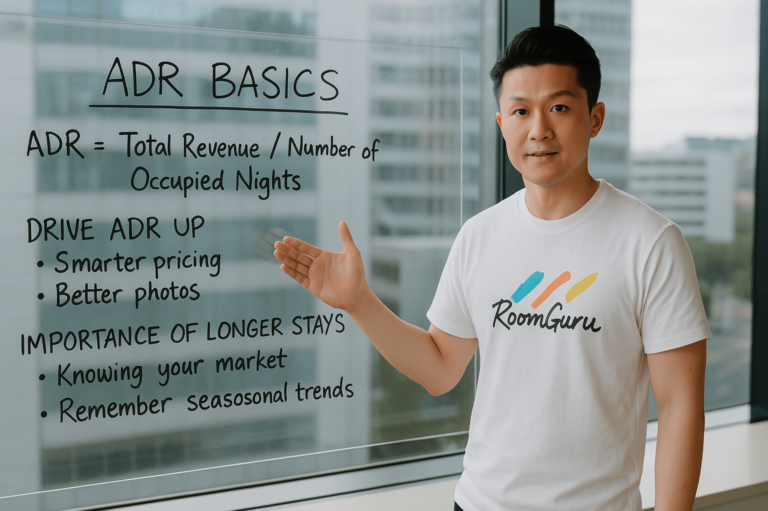 A RoomGuru staff wearing a white shirt with the clearly visible "RoomGuru" logo on it stands in front of a whiteboard. He is smiling and gesturing towards the board, which is filled with handwritten notes explaining the concept of ADR (Average Daily Rate) in Airbnb property management. The whiteboard lists key points such as the ADR formula, examples comparing occupancy vs. revenue, and tips on optimising pricing. The setting resembles a casual teaching or workshop environment, with a warm, engaging tone.