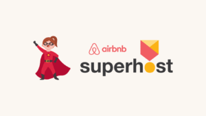 Cartoon superhero girl raising her fist beside Airbnb Superhost logo on a clean white background, symbolising strength, success, and hospitality excellence.